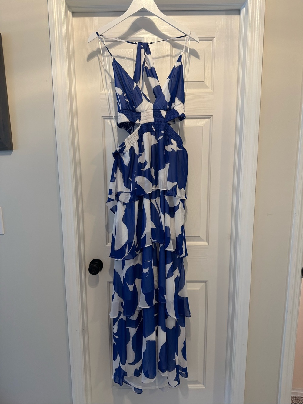 Express Blue and White Abstract Tiered Maxi Dress
